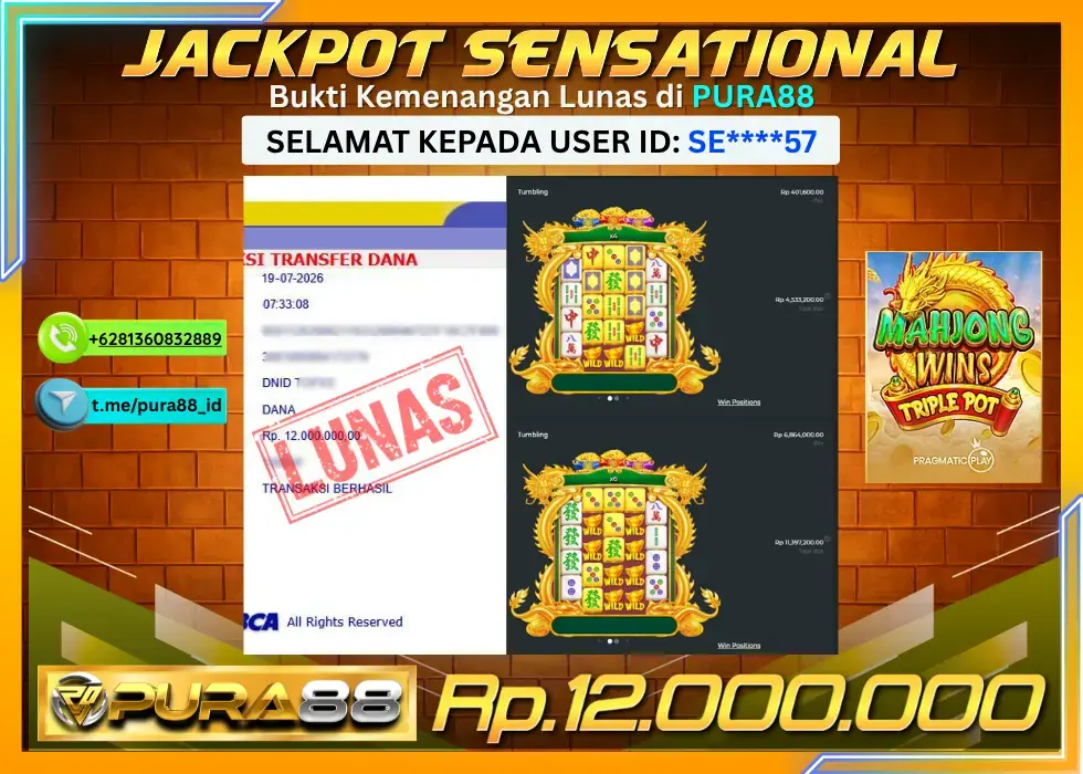 PURA88 JACKPOT MAHJONG WINS TRIPLE POT Rp 12.000.000,- LUNAS